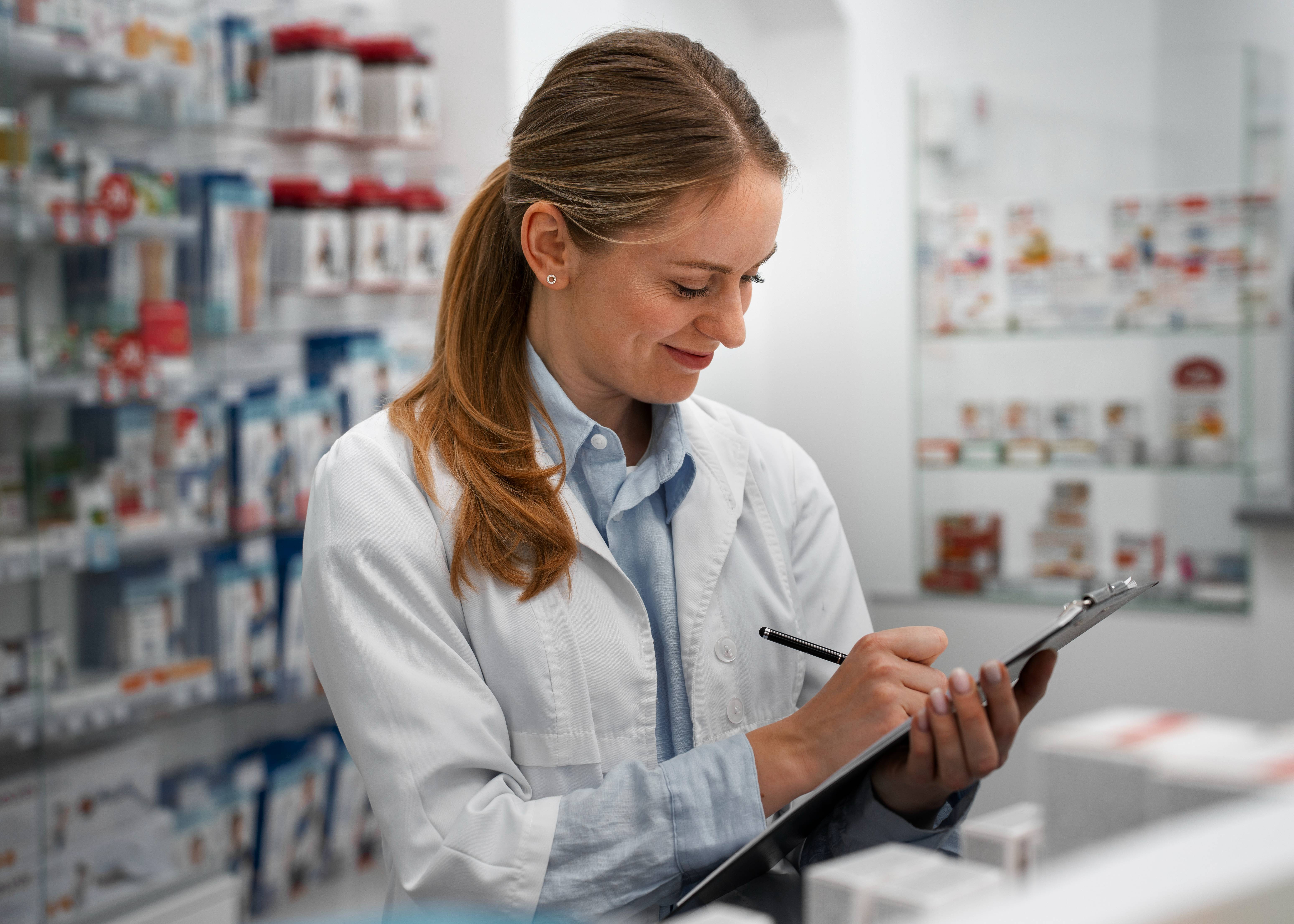 Profissional farmacêutico conferindo medicamento com prancheta em ambiente de estoque
