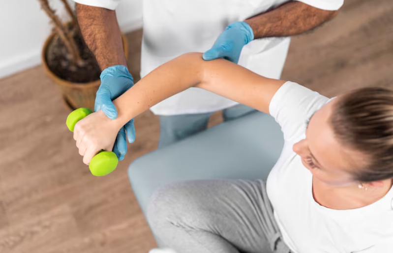 Pessoa realizando exercício resistido sob supervisão de fisioterapeuta em ambiente de academia