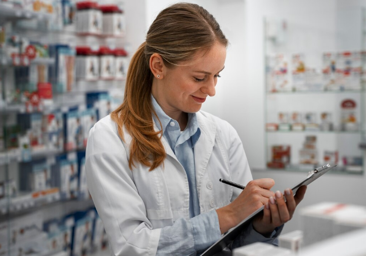 Profissional farmacêutico organizando prateleiras de medicamentos em ambiente moderno