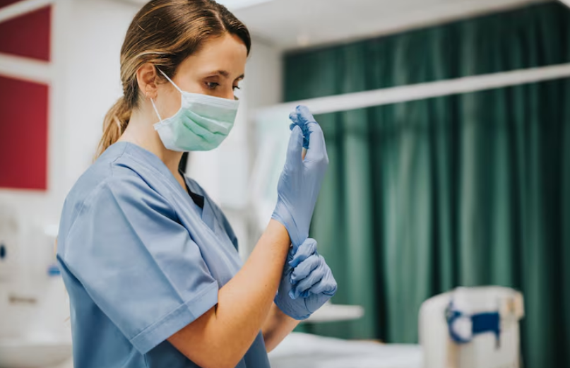 Enfermeira utilizando tablet em ambiente de trabalho