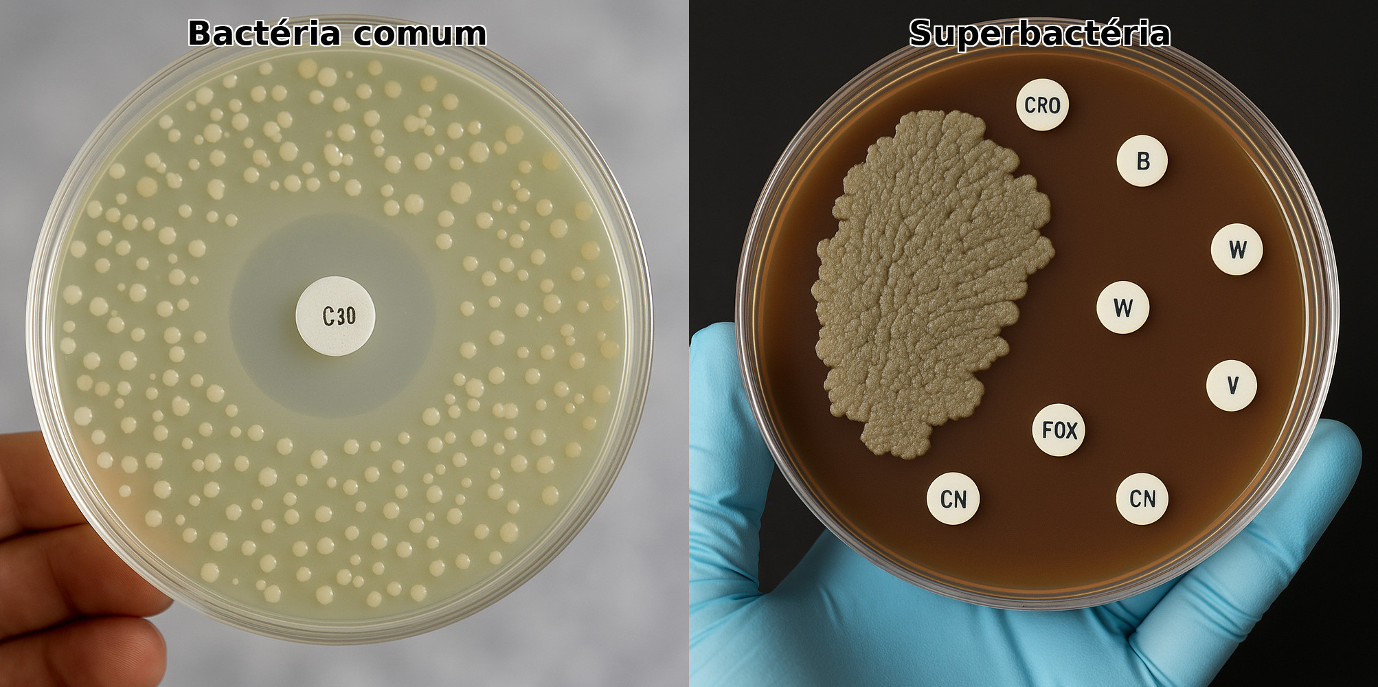 Comparativo visual entre uma bactéria comum e uma superbactéria em placas de Petri com antibiograma. A bactéria comum mostra halos de inibição ao redor dos discos de antibiótico; a superbactéria não apresenta halos, indicando resistência.