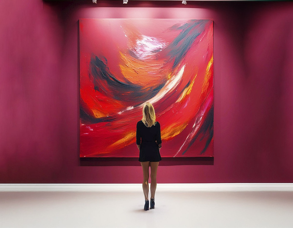 Consultor de arte analisando uma obra em ambiente expositivo, com postura avaliativa