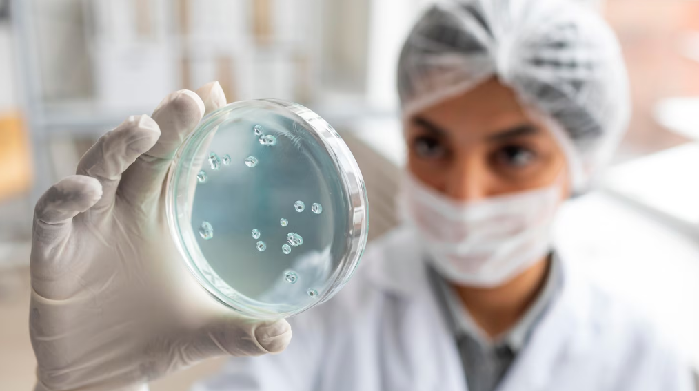 Técnica analisando culturas microbianas em laboratório de biotecnologia farmacêutica
