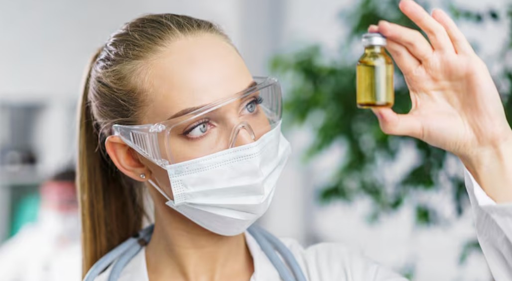 Profissional realizando análise visual de amostras farmacêuticas em bancada de laboratório