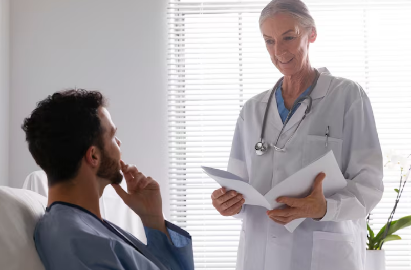 Profissional de saúde em diálogo com paciente reforçando a comunicação eficiente