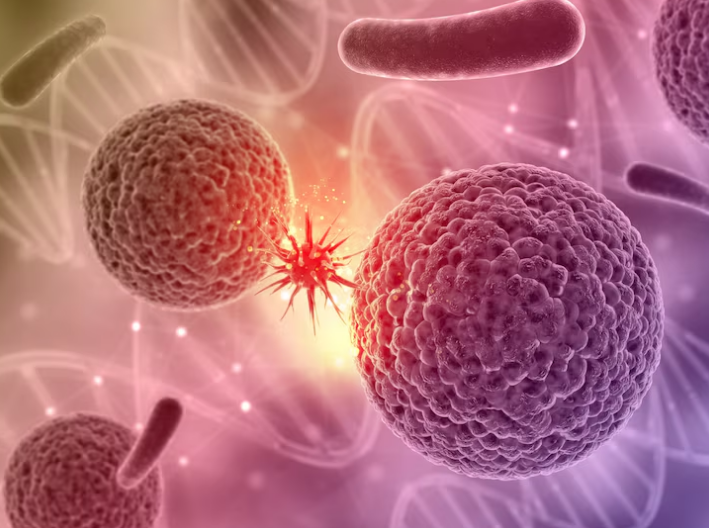 Representação microscópica de células cancerígenas invadindo tecidos vizinhos