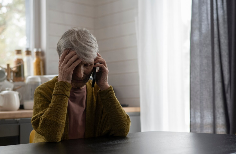 Idosa ao telefone com expressão de preocupação, simbolizando atenção a sinais emocionais