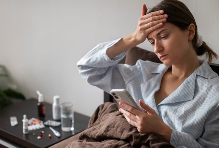 Mulher deitada com febre segurando o celular, representando adoecimento por doenças infecciosas